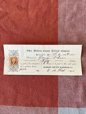 RARE! 1868 Madison County Railroad Company Receipt